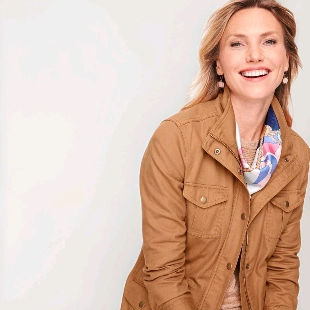 Talbots Safari Jacket Womans XS Camel Brown Twill Cotton Stretch Utility Outdoor - Picture 2 of 16